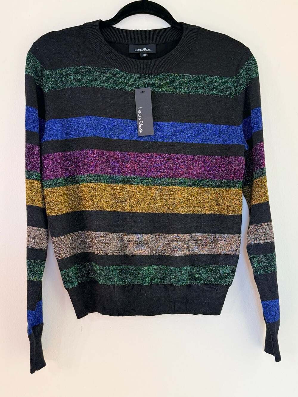 Lea & Viola Women's Metallic Striped Long Sleeve Crewneck Sweater